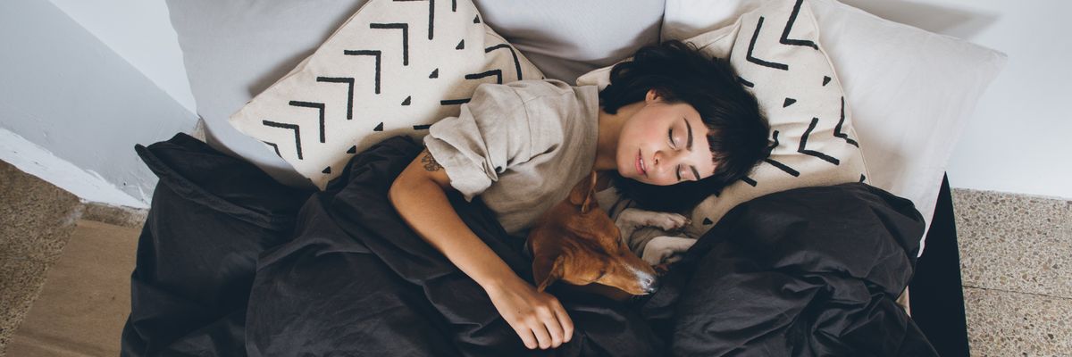 alvó fiatal nő a kutyájával fekszik az ágyban
