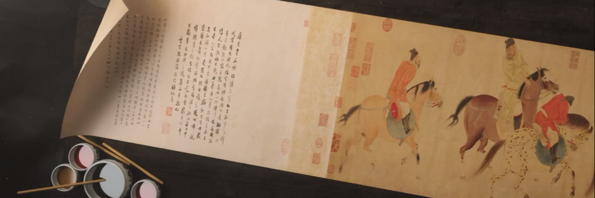 asztal festék ecset pergamen papír festmény lovak hercegek kínai írás
