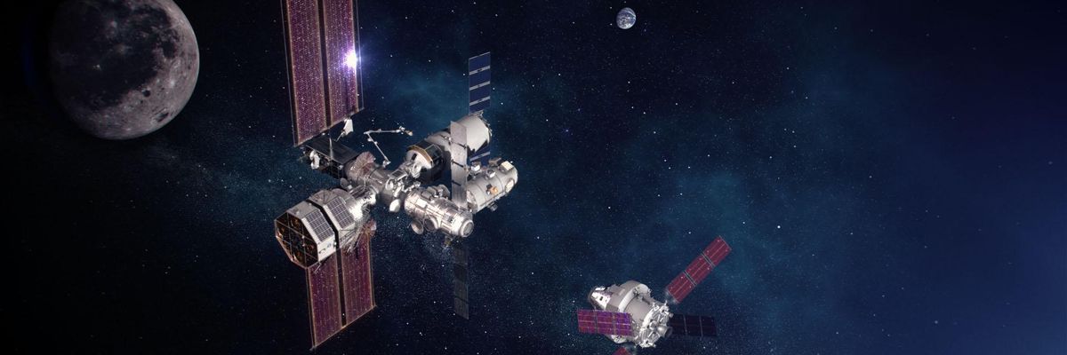 az Artemis küldetés hajói háttérben a Holddal és a Földdel
