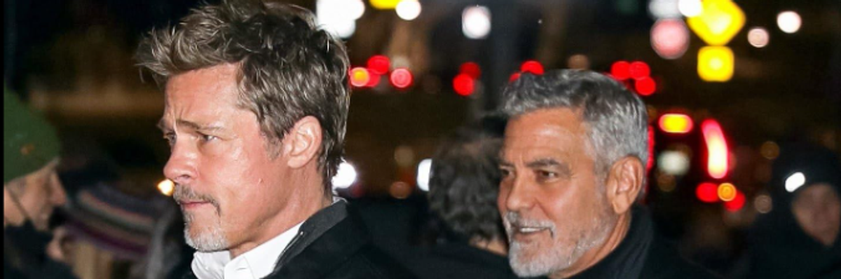 Brad Pitt és George Clooney a Wolfs forgatásán