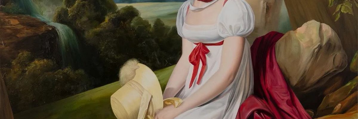 Ewa Juszkiewicz szürreális festmény eltakart arcú nővel