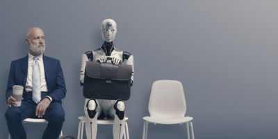 öltönyös férfi és robot ülnek egymás mellett