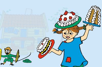 Harisnyás Pippi szülinapját ünnepli tortával és a cintányéros majommal