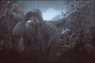 katona kukkol az esőben