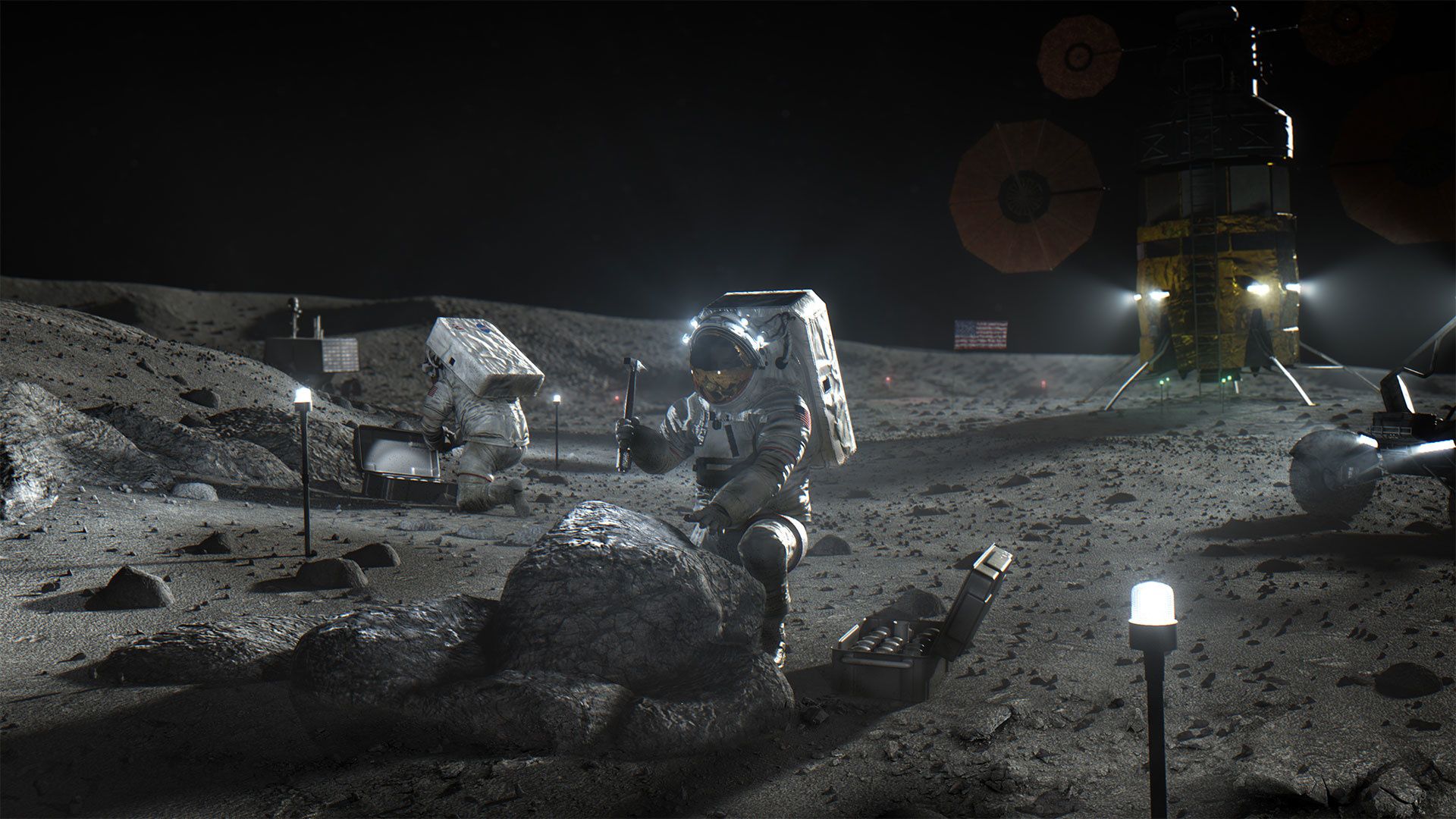 holdra szállás amerika amerikai zászló asztronauta űrhajós hold kráter kőzetek űr világűr