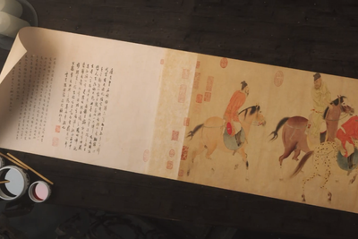 asztal festék ecset pergamen papír festmény lovak hercegek kínai írás