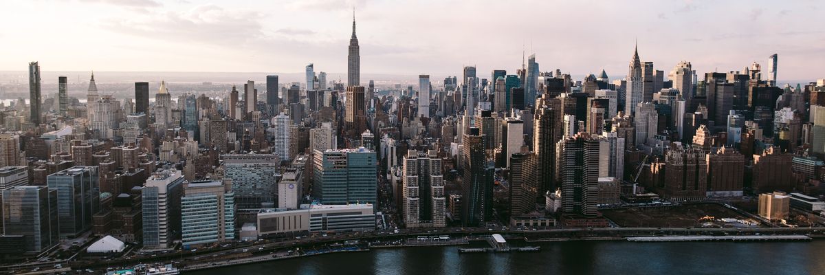 látkép, New York, város, felhőkarcoló, víz