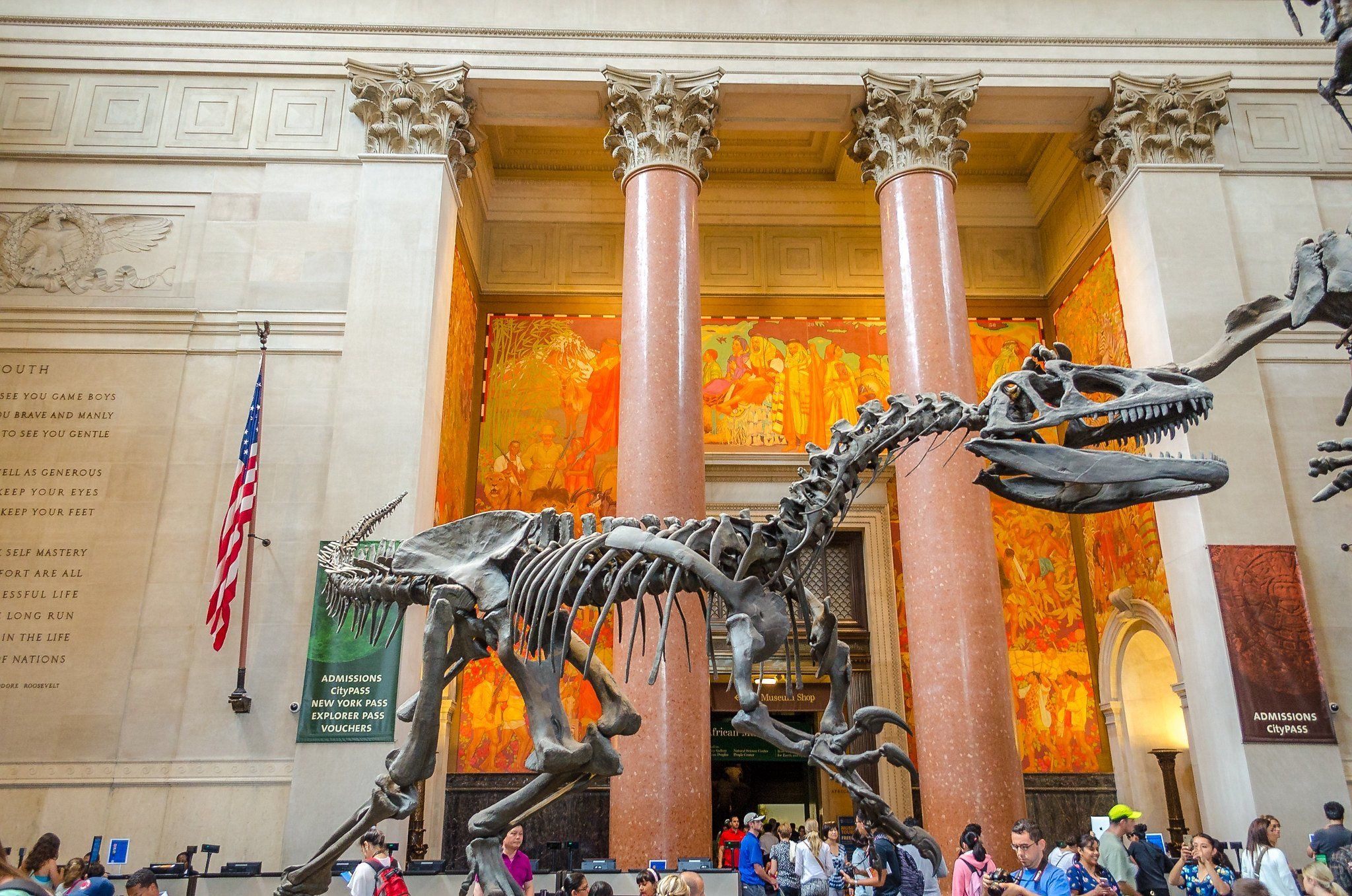 Dinoszaurusz csontváz a múzeumban emberekkel