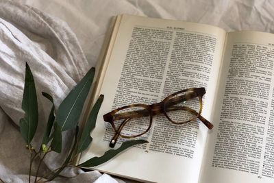 Ágyra tett nyitott könyv szemüveggel, zöld növénnyel