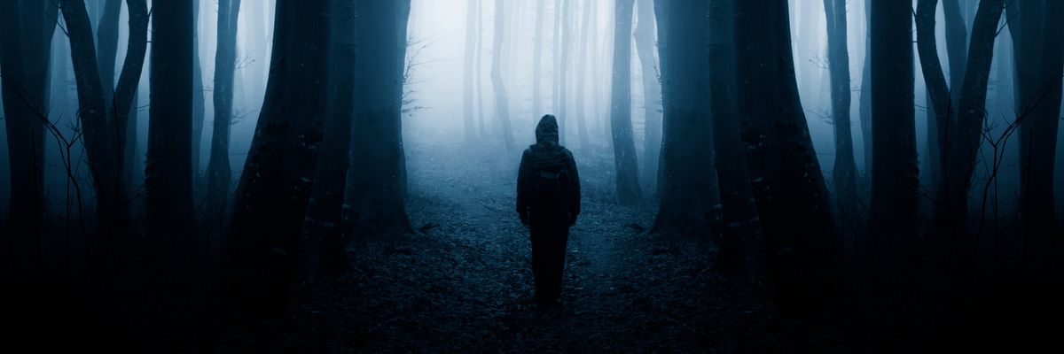 rejtélyes sötét erdőben ember sétál