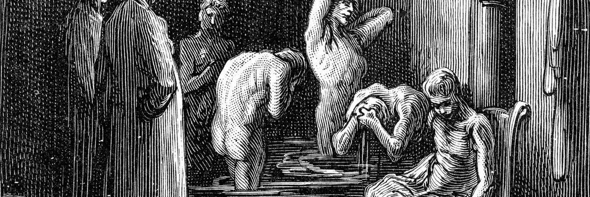 viktoriánus fürdő pucér meztelen emberek fürdenek nézik őket szék ük törölközik fenék mell izom izmos víz