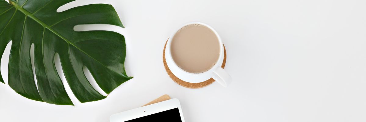 zöldnövény kávéval és iPad